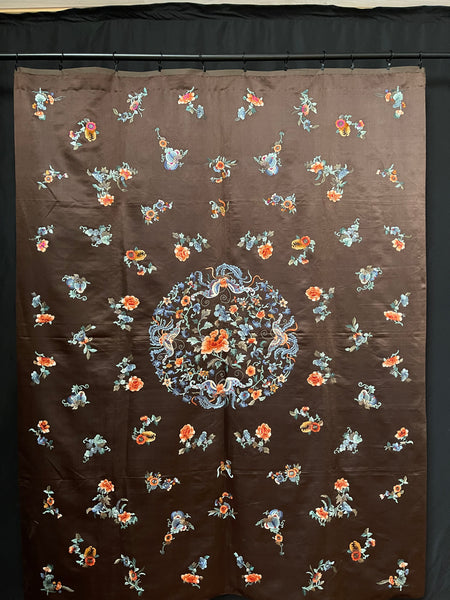 Fine Silk Embroidered Wallhanging with Symbolic Bats, Butterflies, Peonies: C19th China for export