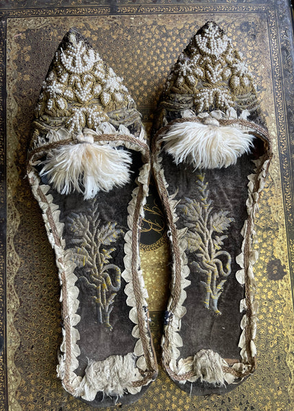 Antique Ottoman Slippers with Gold Gilt Embroidery & Seed Pearls: C19th Turkey