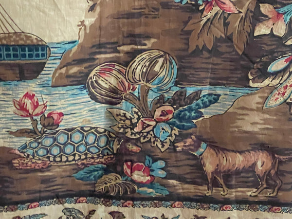 Antique Block Printed Mezzaro Wall Hanging with Tree of Life Ship Figures Giraffe: C1830 Genoa, Italy