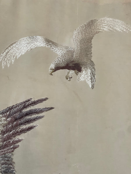 Museum Worthy Silk Embroidered Wallhanging with Waves Auspicious Sea Hawks: C19th Meiji Period, Japan.