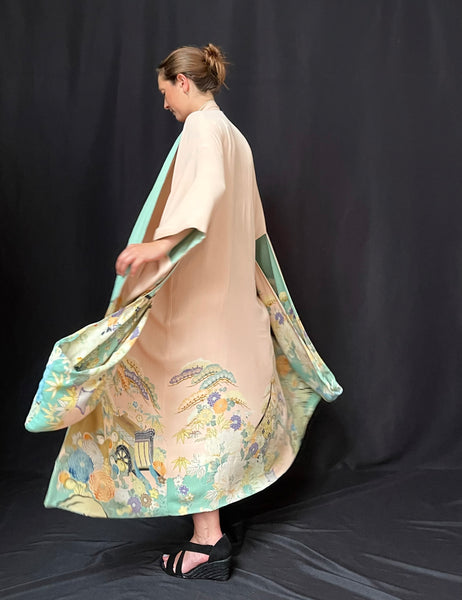 Hand Painted & Stencilled Reversible Silk Kimono Peppermint Green & Powder Pink: C1930 Japan