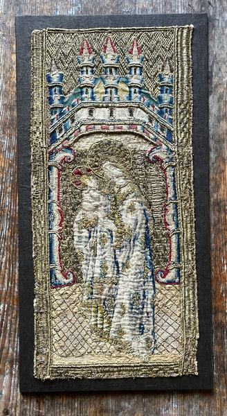 Antique Opus Anglicanum Medieval Orphrey Embroidery Madonna and Child: C16th England
