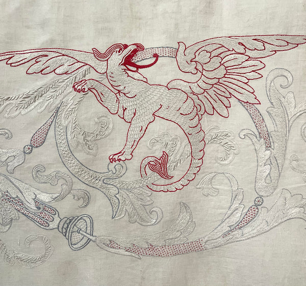 Antique Neo Renaissance White & Red-work Embroidered Pelmet Valance: C1900 Europe