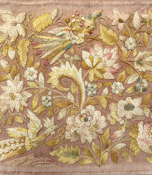 Antique Georgian Crewelwork Embroidery with Birds and Florals: C1700s England