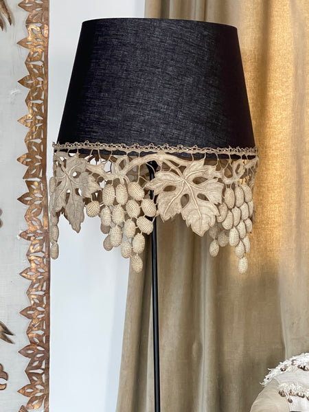 Large Size Lampshade with Antique Richelieu Embroidered Border with Art Deco Stumpwork Grapes: C1920s France