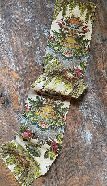 Antique Silk Brocade Panel with Urns & Fruit in Bower: C18th France