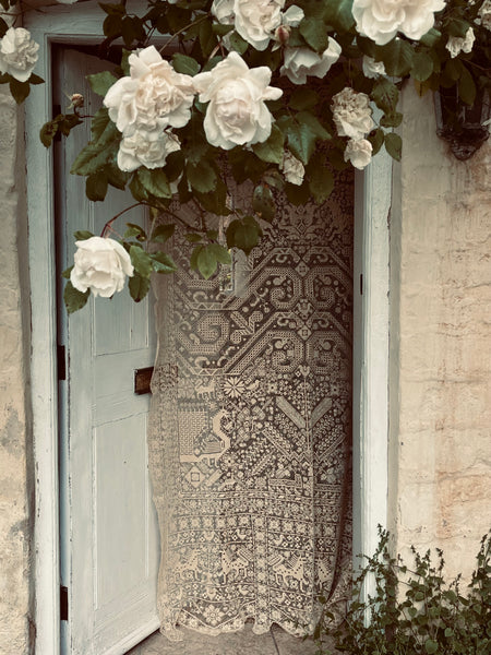 Antique Early Figurative Filet Lace Curtain Mythological Beasts Birds Tree of Life Hand Embroidered: C18th Italy