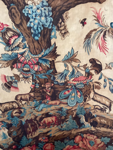 Antique Block Printed Mezzaro Wall Hanging with Tree of Life Ship Figures Giraffe: C1830 Genoa, Italy