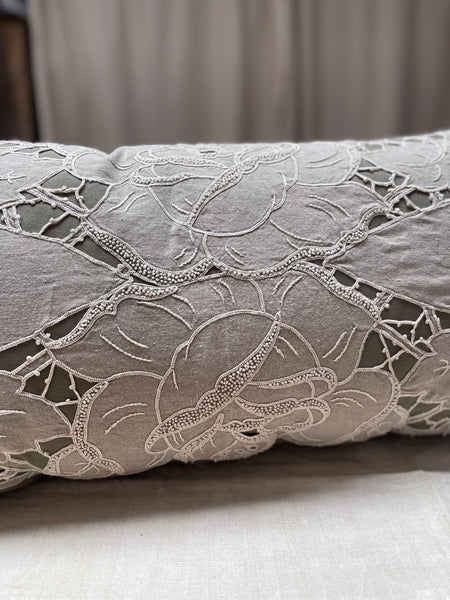 Linen Cutwork Embroidered Lace Pillow or Cushion: C1900 French