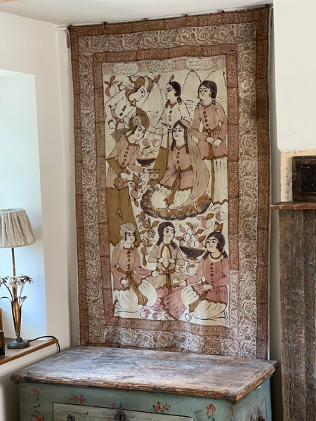 Hand-painted Antique Portrait Wallhanging Kalamkari: C19th Isfahan, Persia