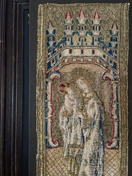Antique Opus Anglicanum Medieval Orphrey Embroidery Madonna and Child: C16th England