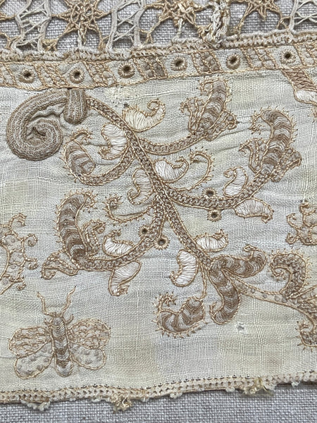 Antique Renaissance Embroidered Early Needlework Lace with Snails Insects Birds: Late C16th early 17th century, Italy