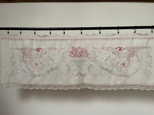 Antique Neo Renaissance White & Red-work Embroidered Pelmet Valance: C1900 Europe