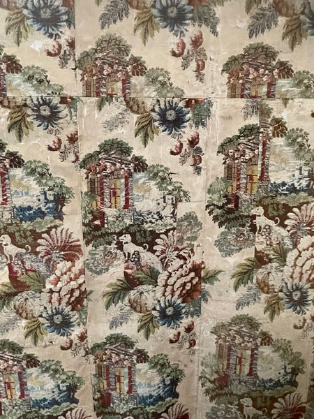 Antique Huguenot Silk Brocade with Architectural Elements and Dogs: C18th Spitalfields, London