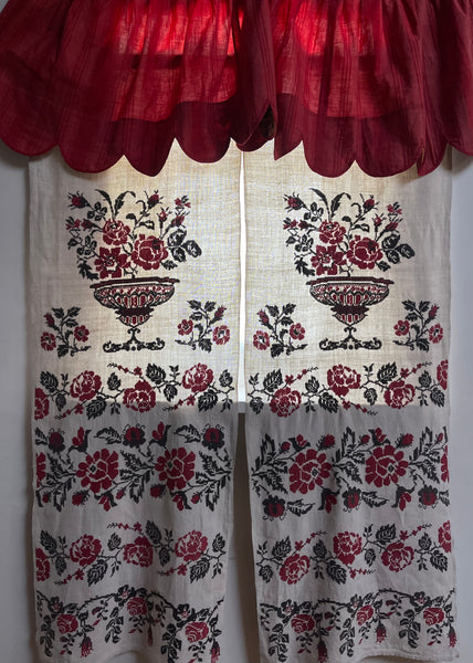 French Pink and Red Striped Ticking Pelmet with Chintz Border: C19th France