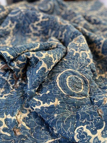 Antique Block Print Resist Dyed Quilted Toile de Rouen French Indigo: C 18th France