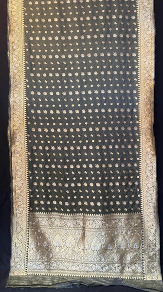 Antique Olive Green & Gold Traditional Silk Brocade Sari: C20th India