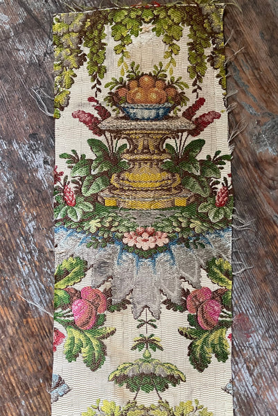 Antique Silk Brocade Panel with Urns & Fruit in Bower: C18th France