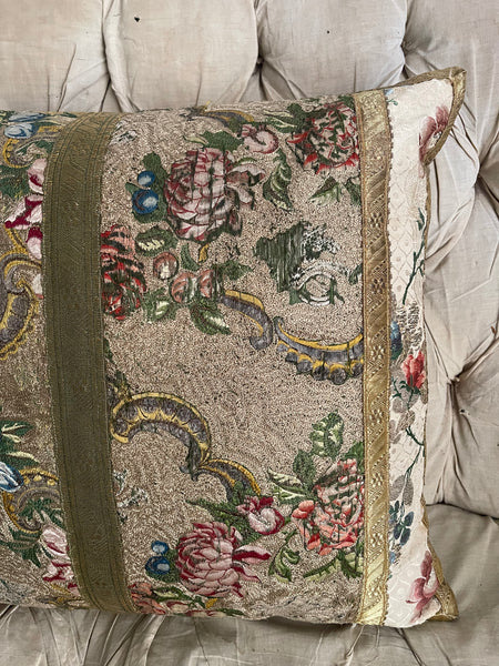 Bespoke Handmade Rococo Ecclesiastical Embroidered Silk Brocade Cushion Pillow: C18th France