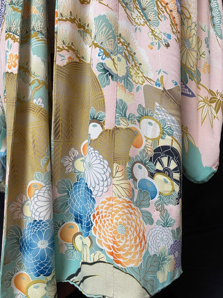 Hand Painted & Stencilled Reversible Silk Kimono Peppermint Green & Powder Pink: C1930 Japan