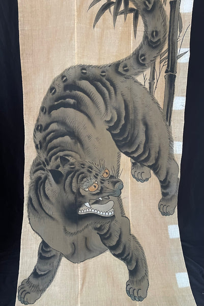 Rare Hand painted Samurai Nobori Banner or Wallhanging with Tiger: C19th Meiji Period, Japan