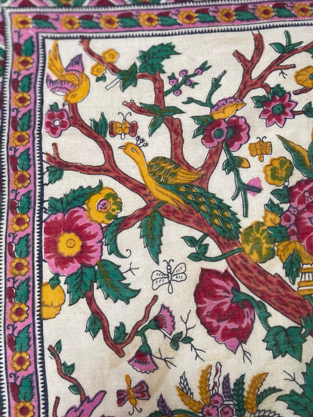 Block Print Tree of Life with Parrots, Peacock, Flowers & Butterflies: C20th India