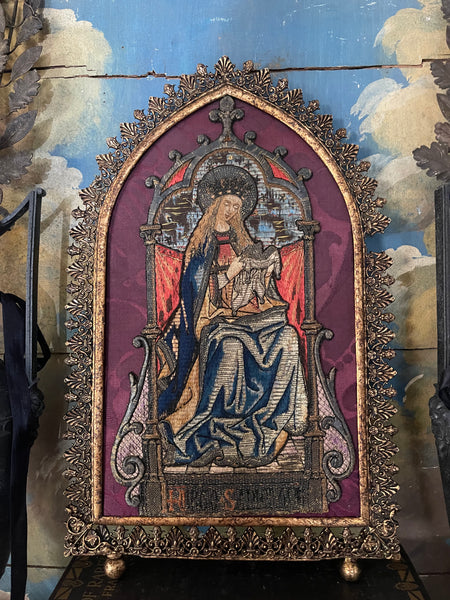 Antique Orphery Embroidery with Mary Queen of Heaven in Gothic Frame: Late C18th / 19th Century England