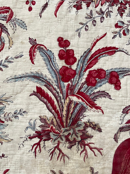 Rare Antique Indiennes Block Print Quilted Panel with Exotic Fruit and Foliage: C18th France