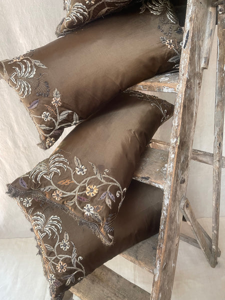 Antique Bespoke Silk Embroidered Cushion with Zardozi Embroidery Small Size: C19th India