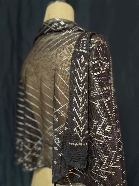 Art Deco Assuit Shawl Hand Embroidered Black with Silver Metal Thread: C1920 Egypt