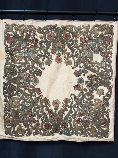 Antique Early Silk and Metal Thread Embroidered Appliqué Panel: C17th Britain