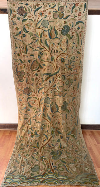 Antique Jacobean Revival Tree of Life Crewelwork Wall Hanging: C1900 Kashmir, India