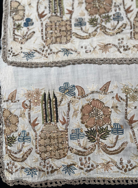 Pair Antique Ottoman Embroideries Silk and Metal Thread With Architectural & Garden Elements: C19th Turkey