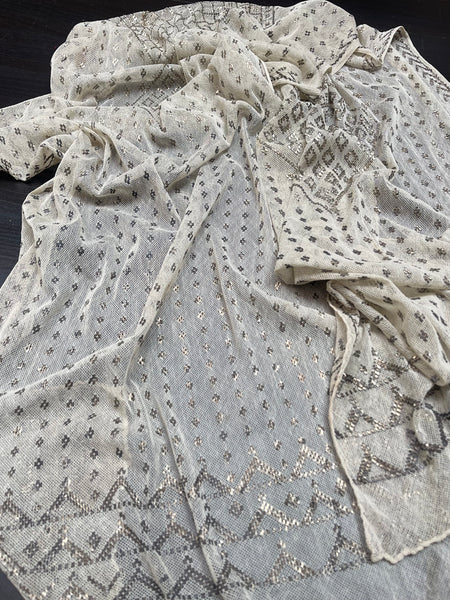 Art Deco Assuit Shawl Hand Embroidered White with Silver Metal Thread: C1920 Egypt