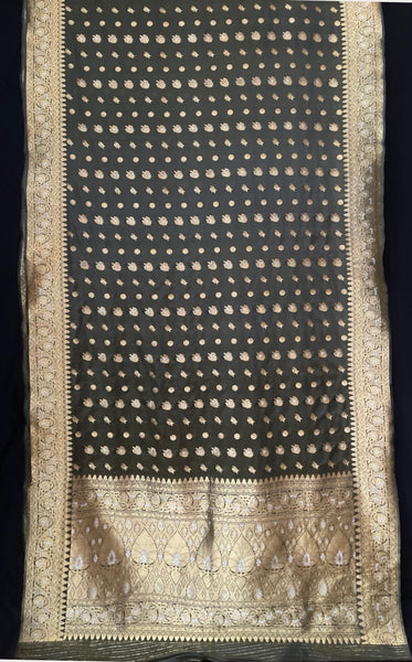 Antique Olive Green & Gold Traditional Silk Brocade Sari: C20th India