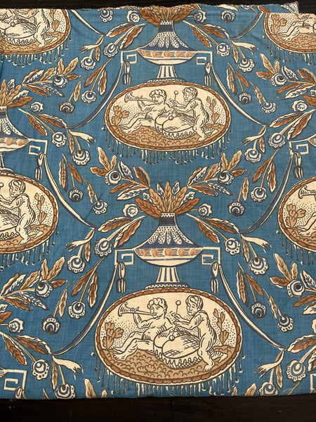 Rare Block Print Neoclassical Toile with Figures & Musical Instruments: C1800 France