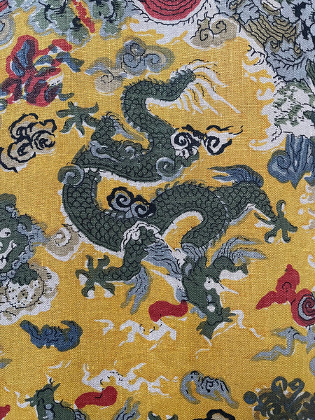 Large Block Printed Chinoiserie Linen with Dragons & Foo Dogs: C20th Britain