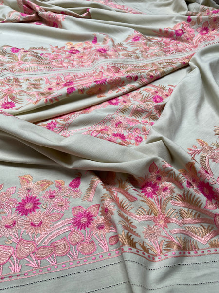 Antique Pinks Floral Silk Embroidered Bedcover or Throw: C20th Kashmir for export
