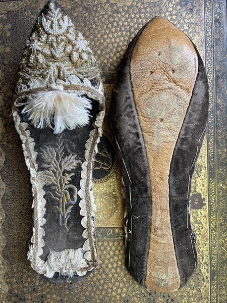 Antique Ottoman Slippers with Gold Gilt Embroidery & Seed Pearls: C19th Turkey