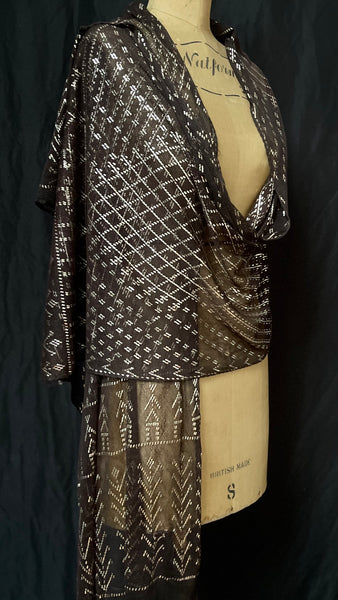 Art Deco Assuit Shawl Hand Embroidered Black with Silver Metal Thread: C1920 Egypt