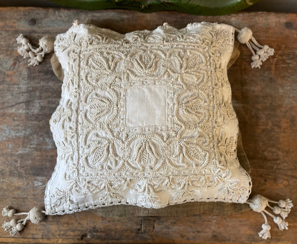 Antique Heirloom Whitework Embroidery Linen Cushion Cover: C19th Italy