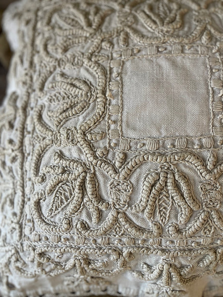 Antique Heirloom Whitework Embroidery Linen Cushion Cover: C19th Italy