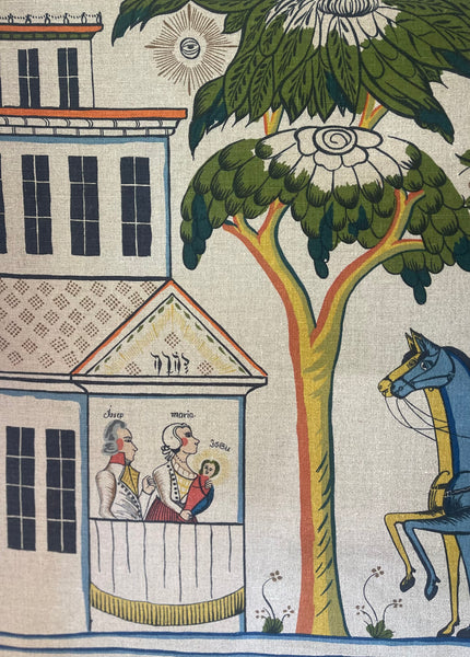 Large Swedish Folk Art Print Linen Wall Hanging: C1950s translation 19th Century Wall Paintings, Sweden