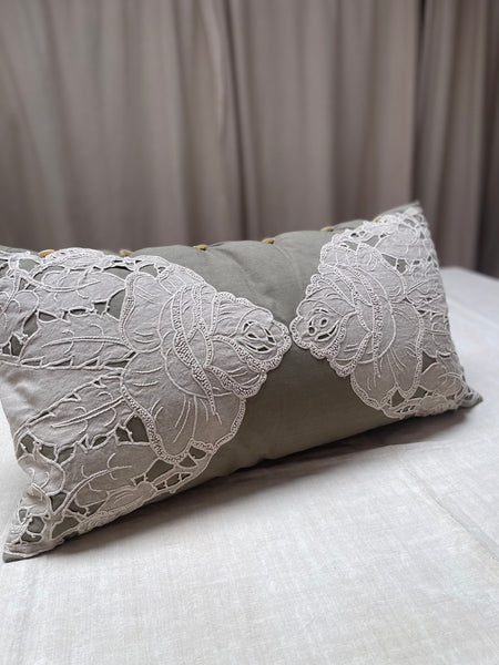 Linen Cutwork Embroidered Lace Pillow or Cushion: C1900 French
