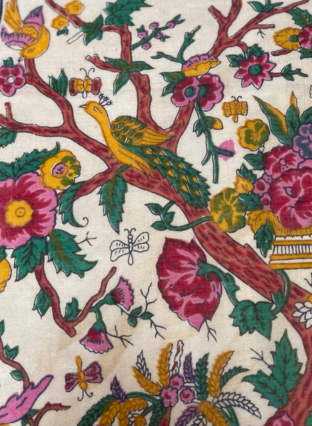 Block Print Tree of Life with Parrots, Peacock, Flowers & Butterflies: C20th India