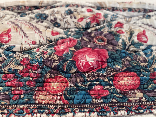 Antique Quilted Block Print & Hand Painted Floral Mezzaro Border: C19th Europe