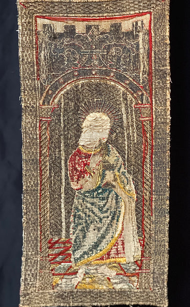 Rare Tudor Orphrey Silk and Metal Thread Embroidered Panels with Iconography Saints: C16th England