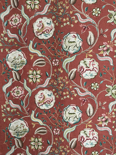 Antique Jacobean Revival Printed Linen with Mythical Animals Yardage Interior Decor Upholstery: C20th Britain