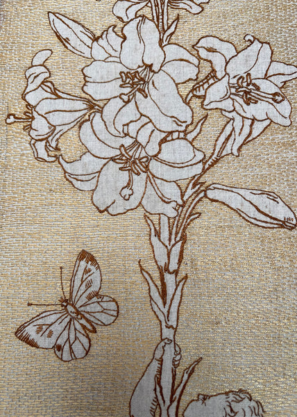 Antique Art Nouveau Silk Embroidery with Cupid & Lily in the manner of Walter Crane: C1900 England