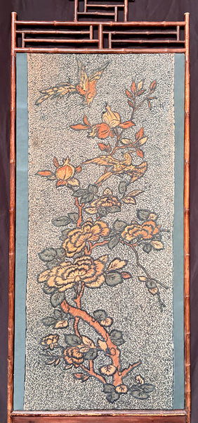 Arts and Crafts Crewelwork Embroidered Tree of Life Panel in Antique Japanese Bamboo Frame (1) : C1900 Britain